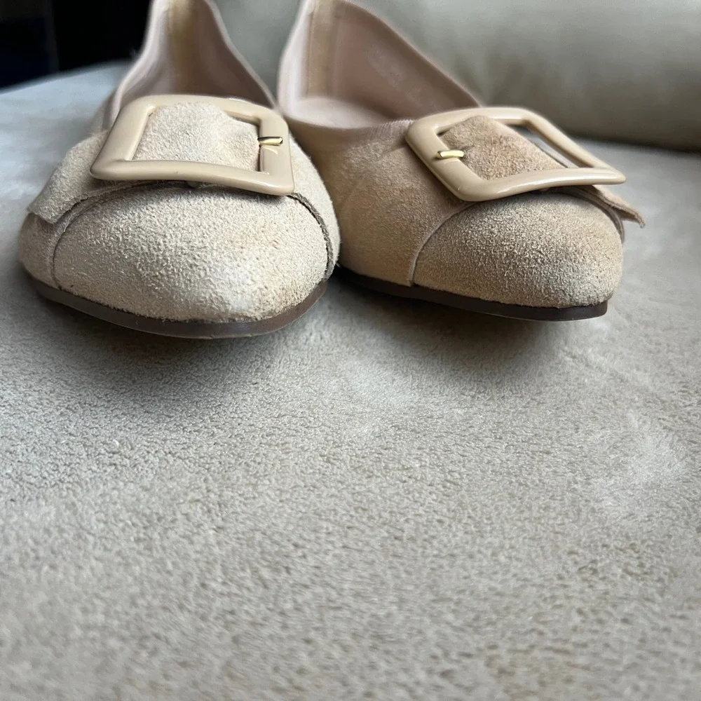 Avellini Women 8 EU‎ 39 Tan Suede Pointed Toe Buckle Ballet Flats Italy Classic